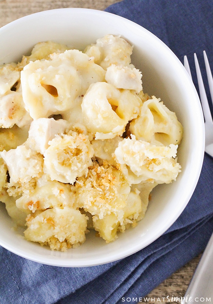 looking down to a close up view of a bowl of baked cheese tortellini in a white bowl. The cheesy pasta is topped with golden brown bread crumbs.