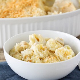 a white bowl filled with cheesy baked tortellini topped with bread crumbs. The bowl is sitting on a blue cloth napkin and a fork is next to it. Behind the bowl is a casserole filled with this tortellini recipe.