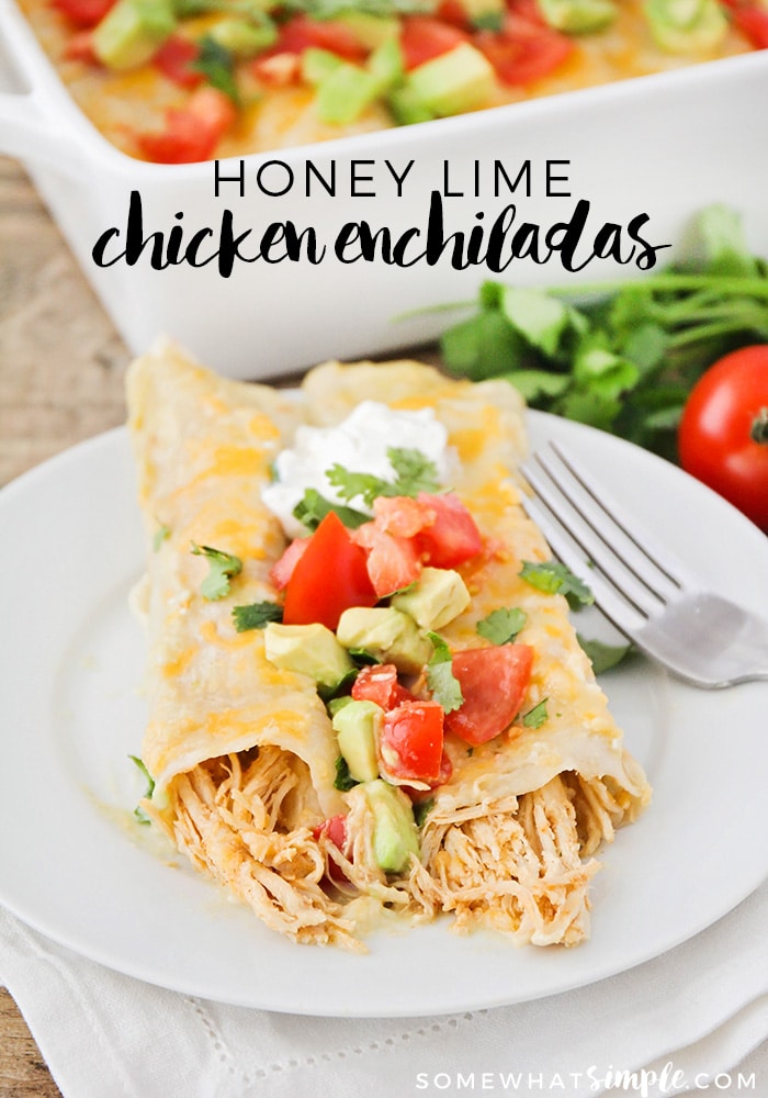 These simple honey lime chicken enchiladas go together quickly, they taste amazing, and they make fabulous leftovers! Made with fresh honey and topped with a delicious homemade sauce and shredded cheese, these enchiladas are simply irresistible! This is a delicious twist on a Mexican classic. #honeylimechickenenchiladas #honeylimchickenenchiladarecipe #easyhoneylimechickenenchiladas #honeylimeenchiladas #chililimeenchiladas via @somewhatsimple