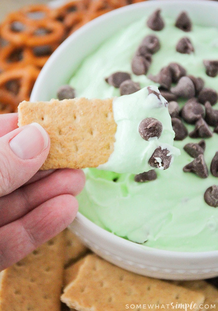 a graham cracker that's been dipped in a mint cheesecake dip