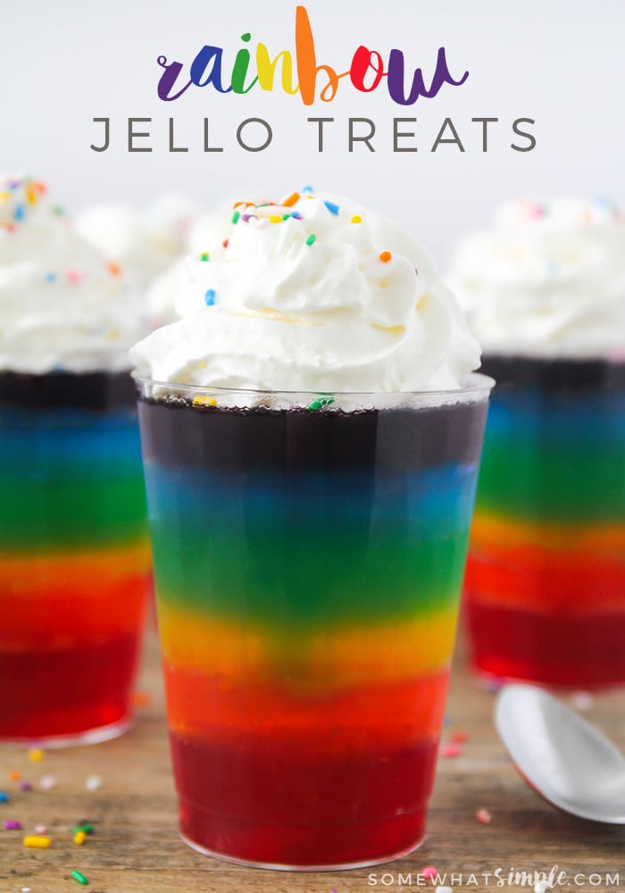 These layered rainbow jello cups are fun to make and even more fun to eat! They're a delicious after-school snack, and they'll make the perfect addition to your St. Patrick's Day celebrations! via @somewhatsimple