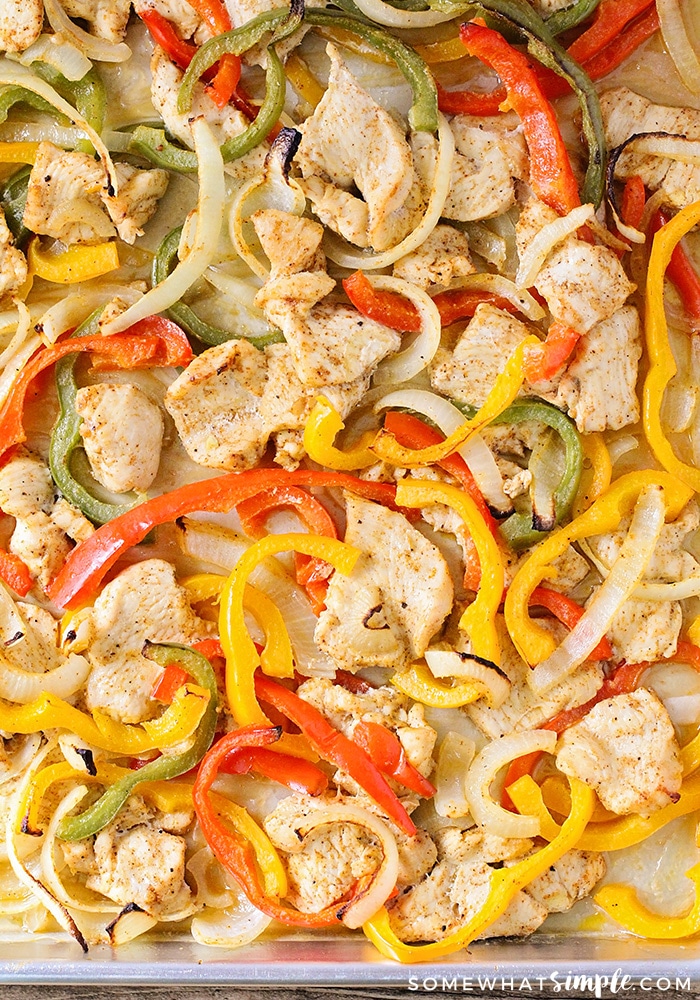 Chicken Fajita ingredients on a sheet pan