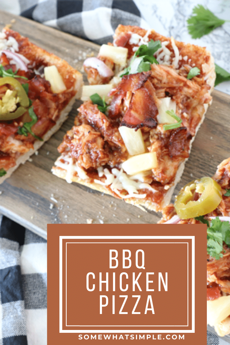 BBQ chicken french bread pizza is one of our family's favorite dinner recipes! Made with soft french bread with a crispy crust and topped with chicken, bacon, cheese, pineapple, and a savory BBQ sauce! This dinner is so easy, that it's ready in under 20 minutes. Plus, follow this one simple tip to keep your french bread pizza from getting soggy. via @somewhatsimple