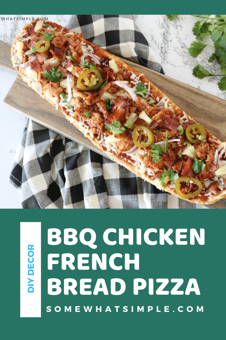 BBQ chicken french bread pizza is one of our family's favorite dinner recipes! Made with soft french bread with a crispy crust and topped with chicken, bacon, cheese, pineapple, and a savory BBQ sauce! This dinner is so easy, that it's ready in under 20 minutes. Plus, follow this one simple tip to keep your french bread pizza from getting soggy. via @somewhatsimple