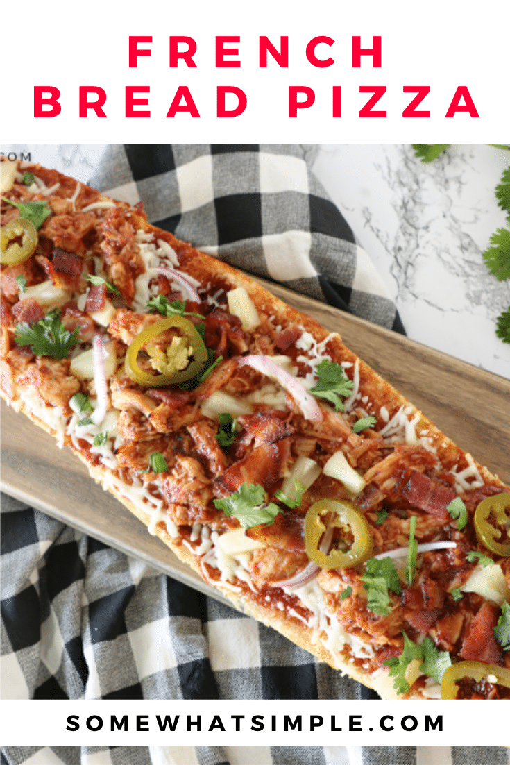 BBQ chicken french bread pizza is one of our family's favorite dinner recipes! Made with soft french bread with a crispy crust and topped with chicken, bacon, cheese, pineapple, and a savory BBQ sauce! This dinner is so easy, that it's ready in under 20 minutes. Plus, follow this one simple tip to keep your french bread pizza from getting soggy. via @somewhatsimple