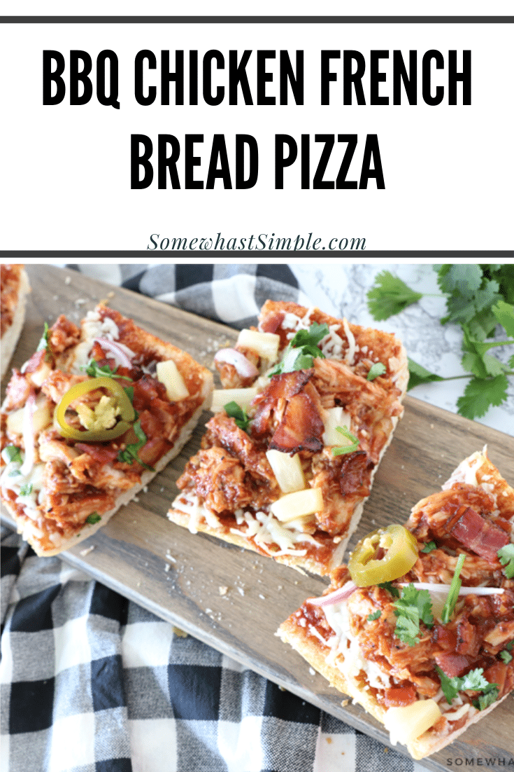 BBQ chicken french bread pizza is one of our family's favorite dinner recipes! Made with soft french bread with a crispy crust and topped with chicken, bacon, cheese, pineapple, and a savory BBQ sauce! This dinner is so easy, that it's ready in under 20 minutes. Plus, follow this one simple tip to keep your french bread pizza from getting soggy. via @somewhatsimple