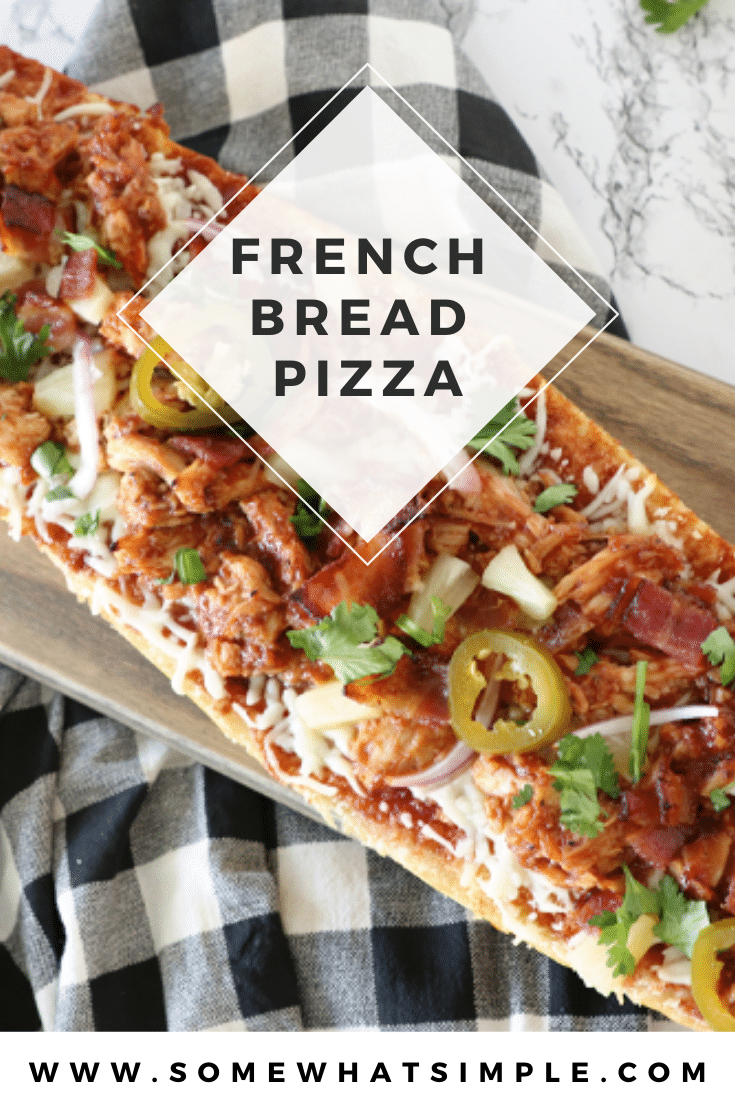 BBQ chicken french bread pizza is one of our family's favorite dinner recipes! Made with soft french bread with a crispy crust and topped with chicken, bacon, cheese, pineapple, and a savory BBQ sauce! This dinner is so easy, that it's ready in under 20 minutes. Plus, follow this one simple tip to keep your french bread pizza from getting soggy. via @somewhatsimple