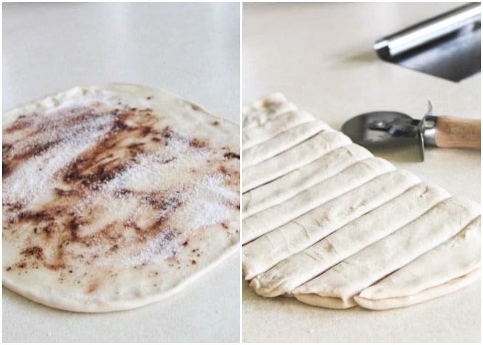 dough with cinnamon sugar sprinkled over the top and then cut into strips