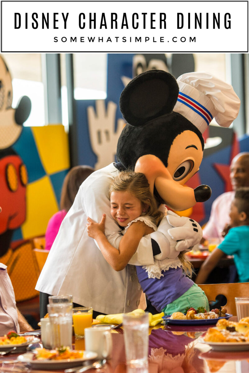 little girl hugging mickey mouse at a restaurant with a title about disney character dining