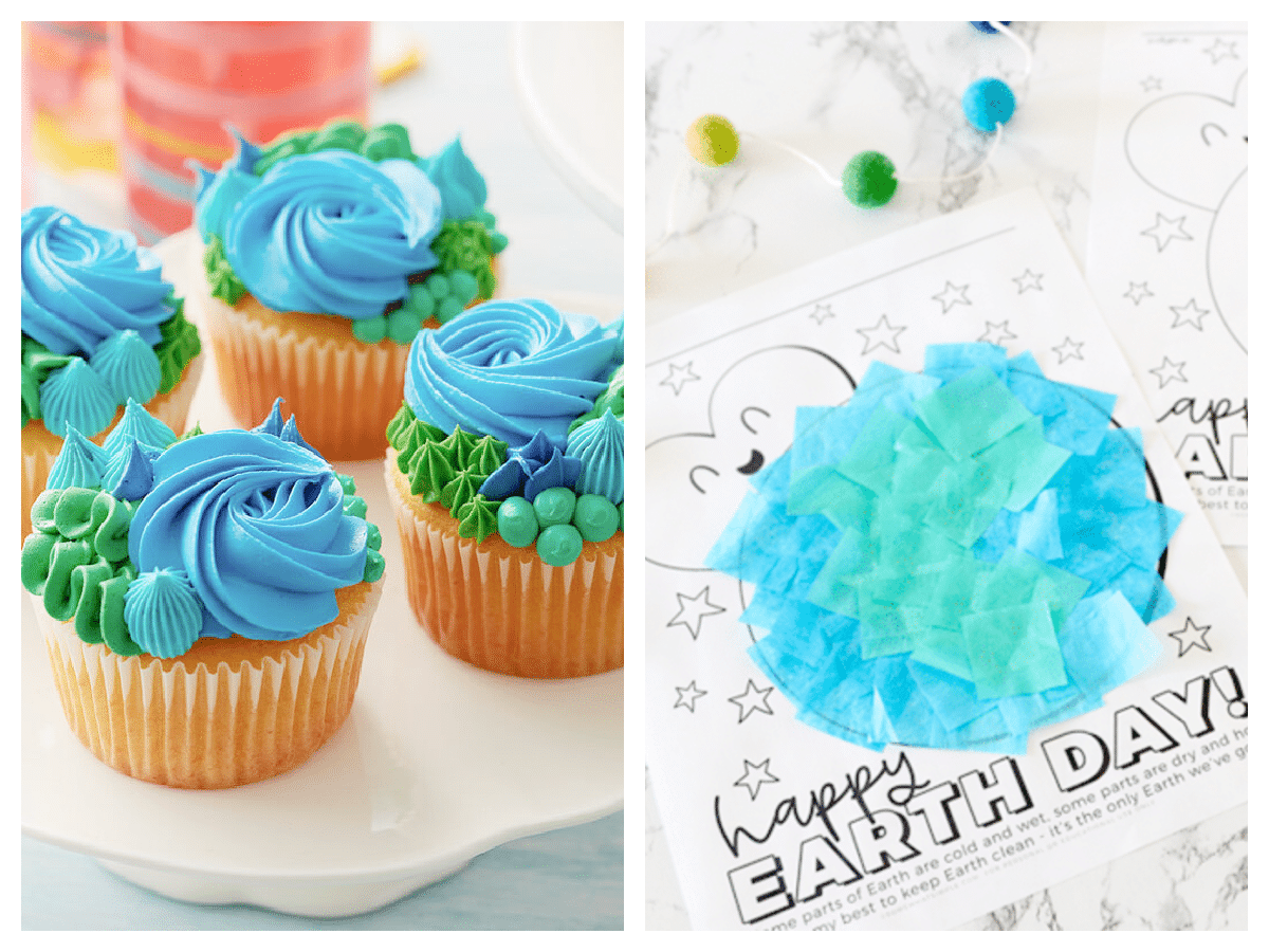 earth day cupcakes and a tissue paper printable craft