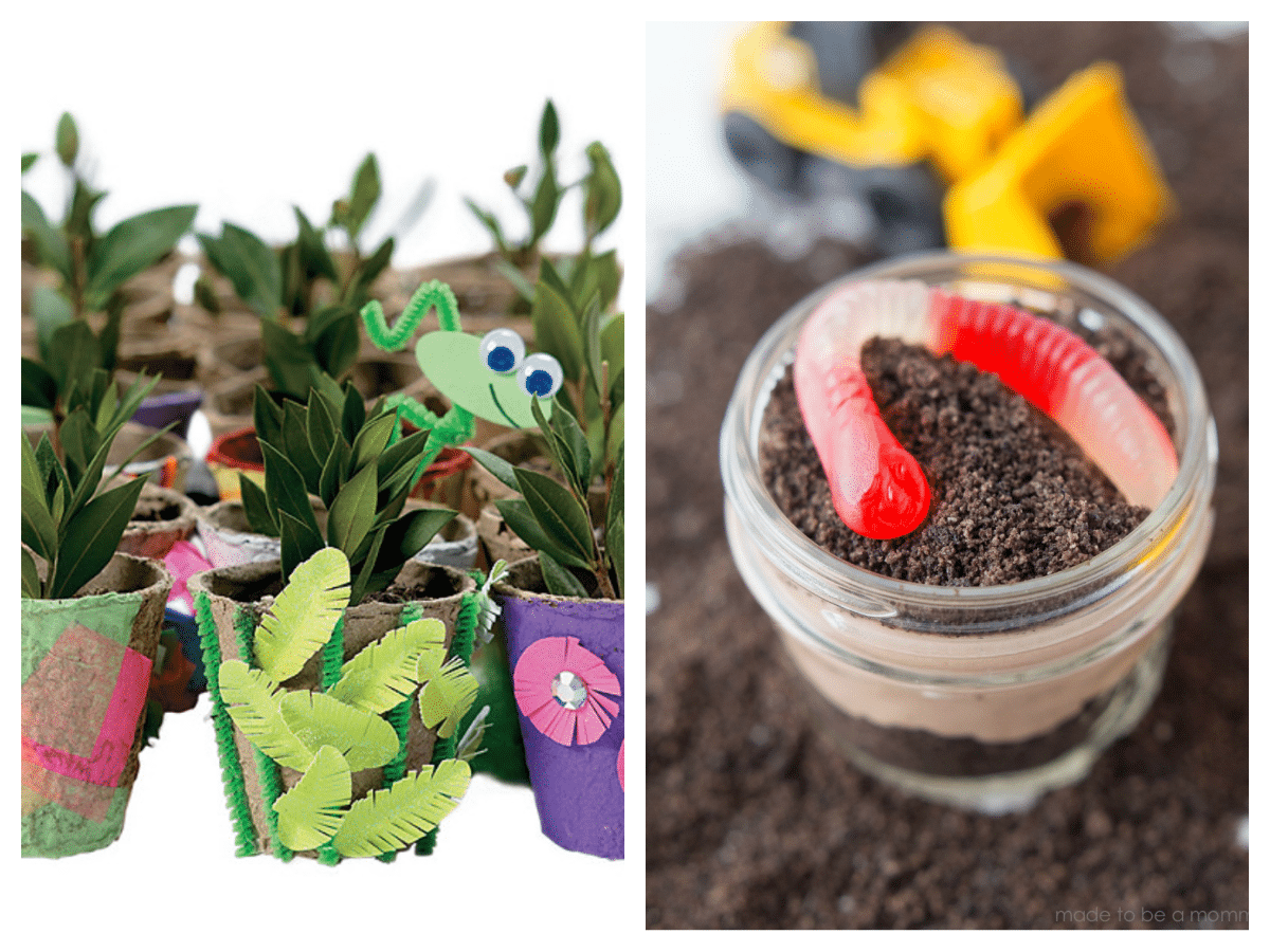 an earth day plant activity and a dirt cup with gummy worms