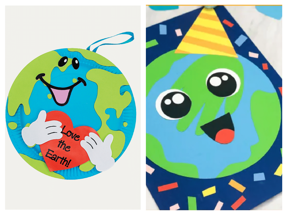 two earth day crafts with paper earths and faces printed on them