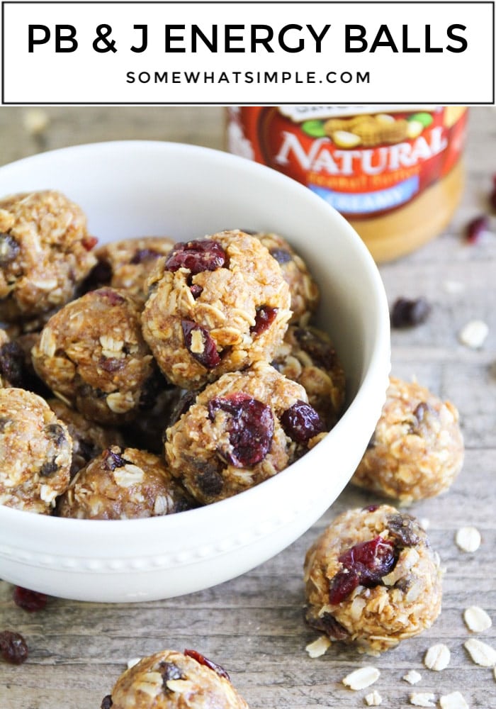 These No-Bake Peanut Butter and Jelly Energy Balls are healthy, filling and simply delicious! #energyballs #pbj #energy #bites #snacks #healthy via @somewhatsimple