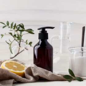 cleaning supplies next to a small plant and sliced lemon