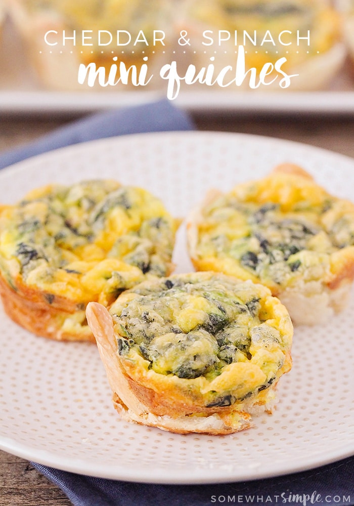 These cheddar spinach mini quiches are perfect for a quick breakfast or a light dinner! They're savory, cheesy, and so delicious! via @somewhatsimple