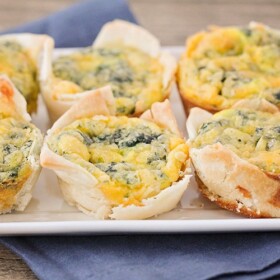 white plate with mini quiches in 2 rows