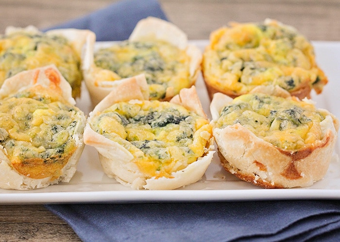 white plate with mini quiches in 2 rows