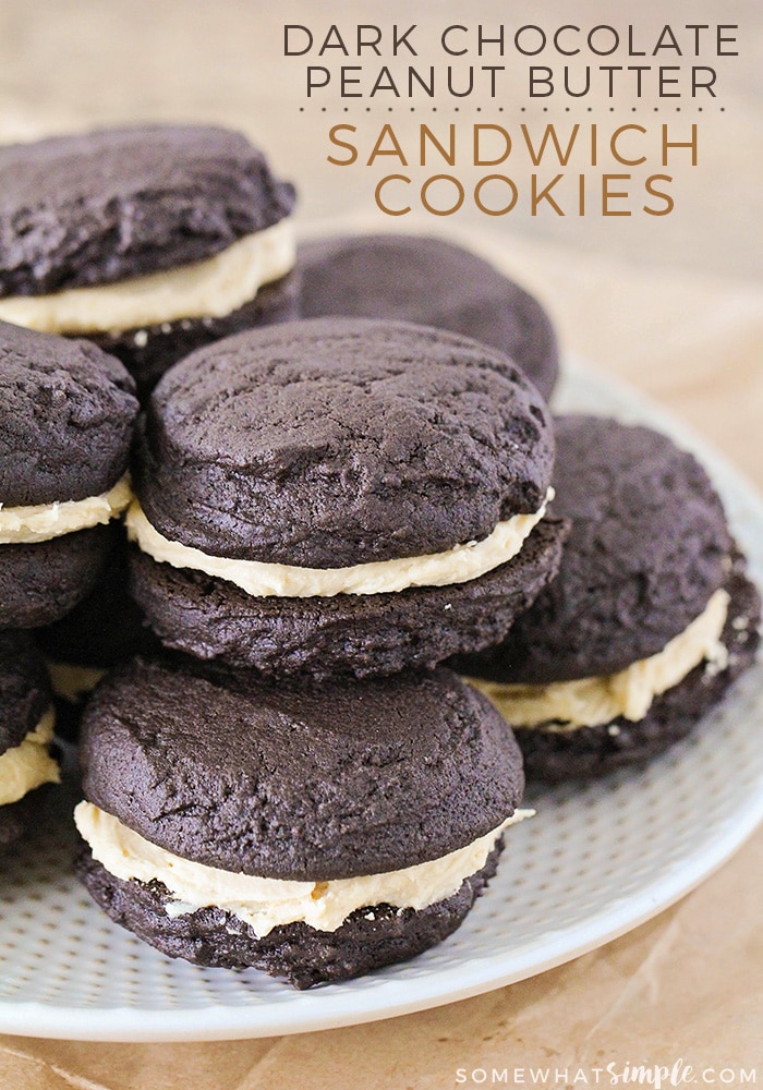 These sweet and rich chocolate peanut butter sandwich cookies are the perfect indulgent treat to satisfy that sweet tooth! via @somewhatsimple