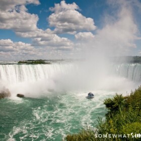 overlooking Niagara Falls from the Canadian side with a boat close to the falls