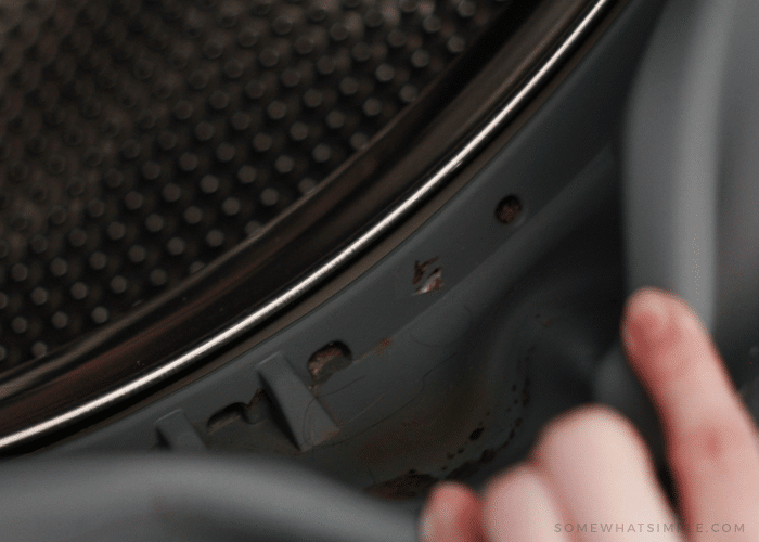 a hand pulling back the rubber seal of a front load washing machine to reveal grime and mold