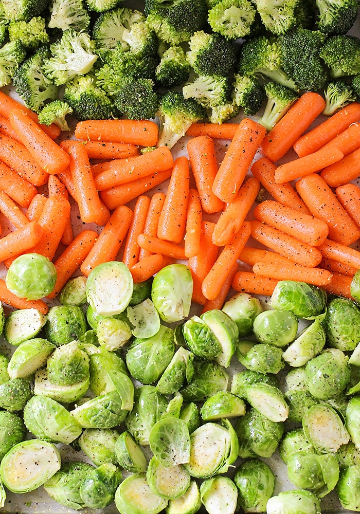 looking down on a baking sheet of roasted vegetables