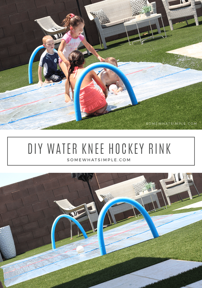 How To Make A Water Knee Hockey Rink! If your family loves hockey like mine does, you will love this outdoor water knee hockey rink.  This easy tutorial will help you create hours of outdoor fun for your future NHL stars! #summeractivity #summerfun #outdooractivities #outdoorfun #wateractivity #justforkids #NHL #hockeyfan #diy #boredombuster via @somewhatsimple