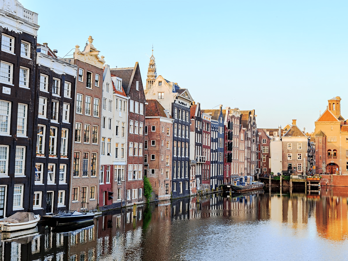looking down a canal in amsterdam