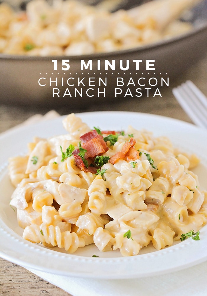 This chicken bacon ranch pasta is an easy dinner that takes only minutes to prepare. This creamy pasta recipe is loaded with chicken and bacon and tastes so good everyone is sure to love it! This dinner is perfect for a busy night that the entire family will love. via @somewhatsimple