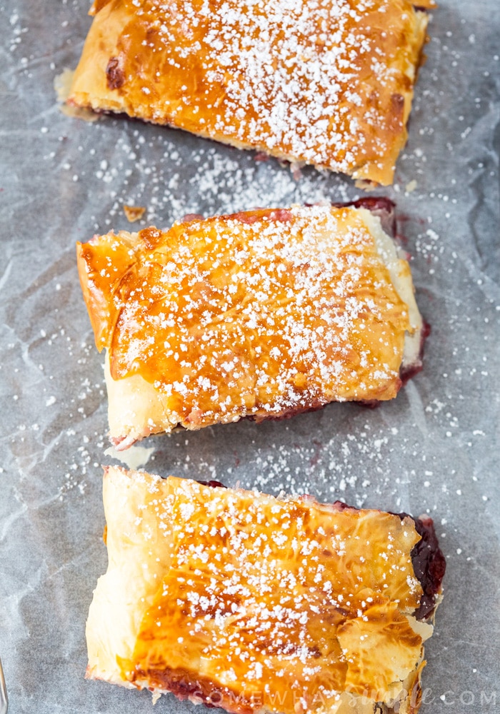 a freshly baked and flaky cherry strudel