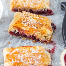 3 squares of a homemade cherry strudel