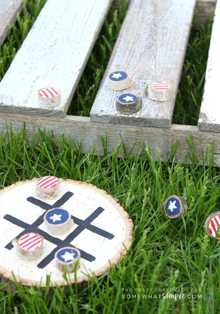 This "stars and stripes" painted Tic-Tac-Toe game is the perfect summer craft. Paint wood slices to create a custom game board for hours of fun!