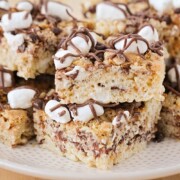 squares of s'mores rice krispie treats on a plate