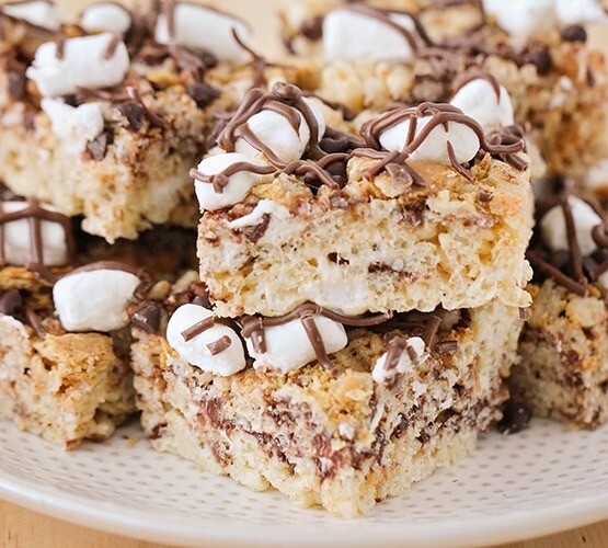squares of s'mores rice krispie treats on a plate