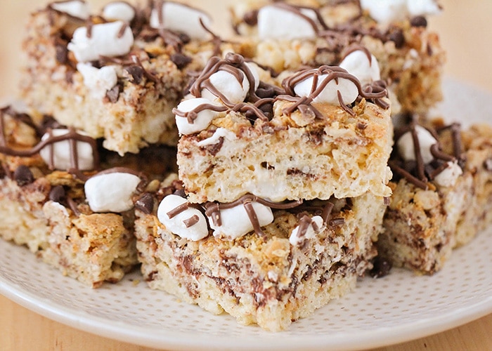 squares of s'mores rice krispie treats on a plate