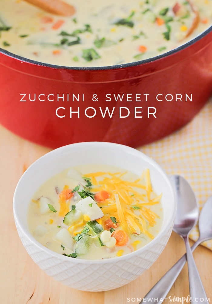 This savory zucchini corn chowder is perfect for using those fresh summer vegetables. A simple and delicious dinner everyone will love! via @somewhatsimple