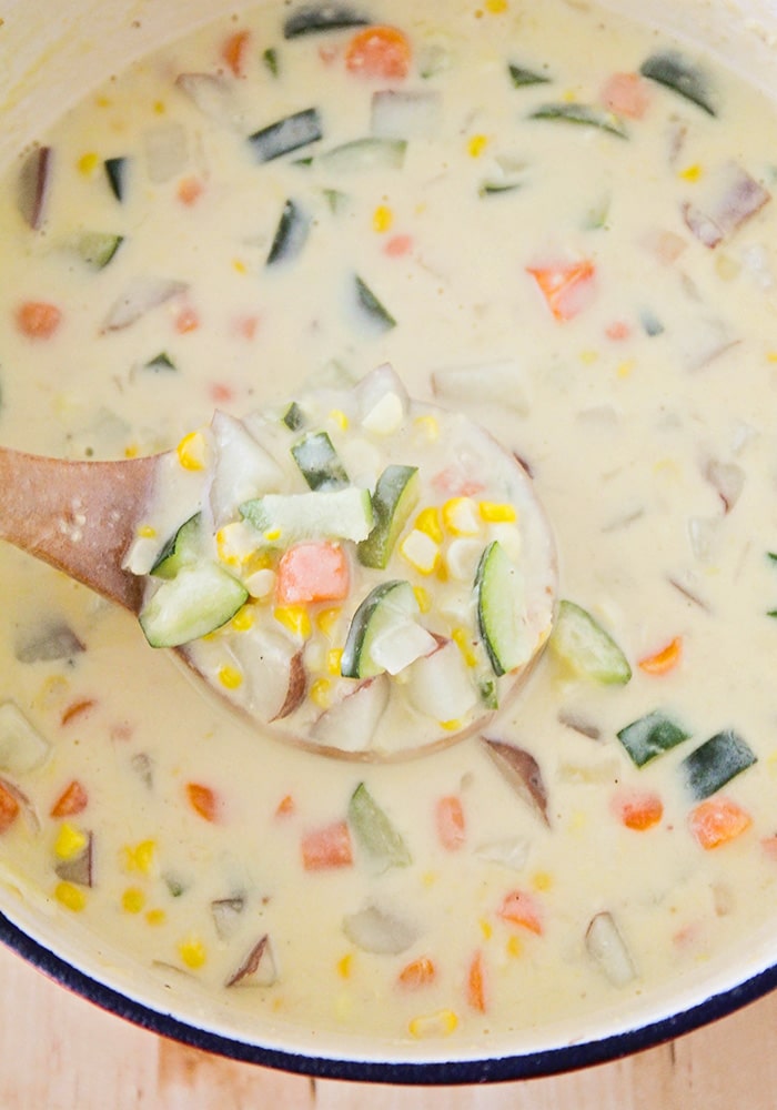 This savory zucchini sweet corn chowder is perfect for using those fresh summer vegetables. A simple and delicious dinner everyone will love!