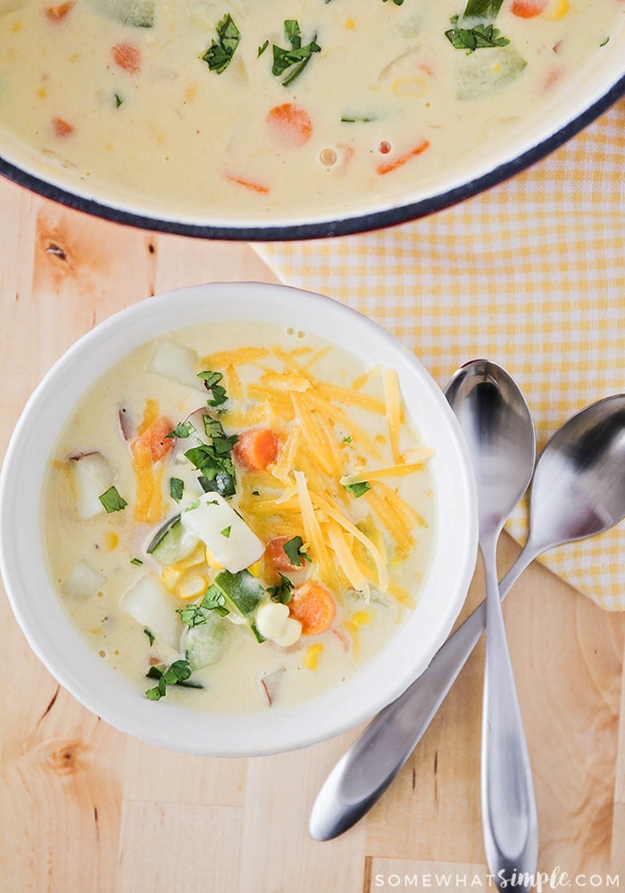This savory zucchini sweet corn chowder is perfect for using those fresh summer vegetables. A simple and delicious dinner everyone will love!