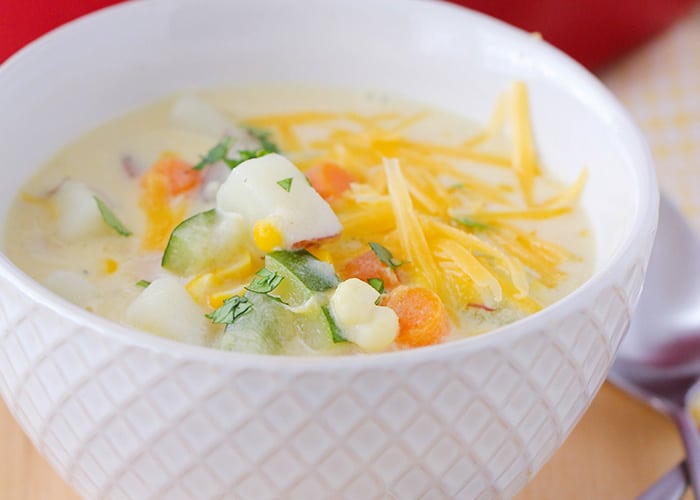 This savory zucchini sweet corn chowder is perfect for using those fresh summer vegetables. A simple and delicious dinner everyone will love!