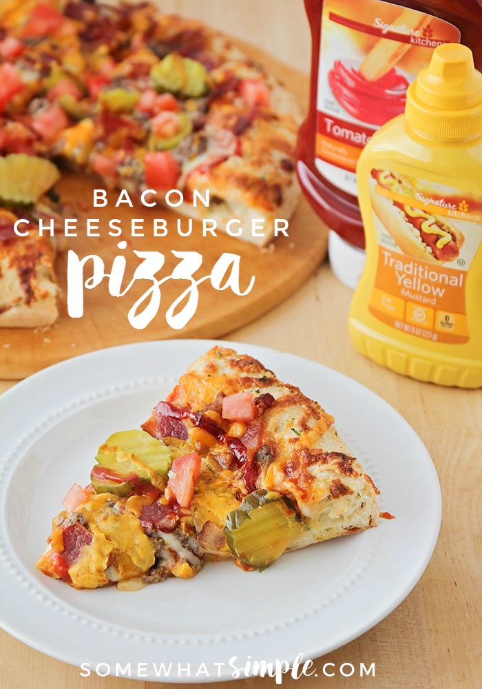 This savory bacon cheeseburger pizza is incredibly delicious and easy to make! It's loaded with all of your favorite burger toppings, and tastes amazing! #baconcheeseburgerpizza #baconcheeseburgerpizzarecipe #cheeseburgerpizza #bacon via @somewhatsimple