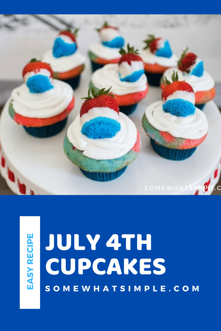 These red, white and blue cupcakes are a perfect way to celebrate the 4th of July or Memorial Day. This patriotic recipe is super easy to make and they always turn out perfect. Plus, we have a video that makes it even easier! #4thofjulycupcakes #redwhitebluecupcakes #memorialdaydessert #easyredwhitebluecupcakes #july4thcupcakeideas #4thofjulydessertidea via @somewhatsimple