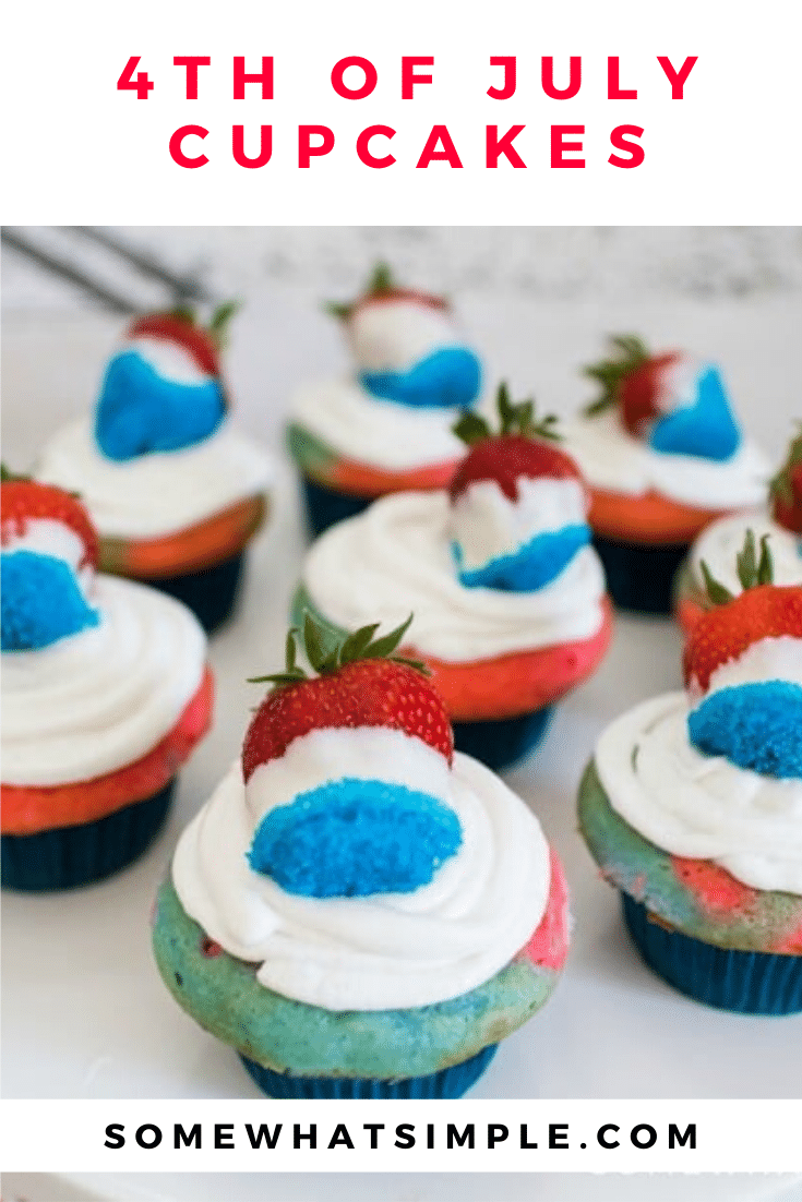 These red, white and blue cupcakes are a perfect way to celebrate the 4th of July or Memorial Day. This patriotic recipe is super easy to make and they always turn out perfect. Plus, we have a video that makes it even easier! #4thofjulycupcakes #redwhitebluecupcakes #memorialdaydessert #easyredwhitebluecupcakes #july4thcupcakeideas #4thofjulydessertidea via @somewhatsimple