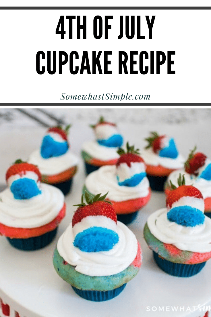 These red, white and blue cupcakes are a perfect way to celebrate the 4th of July or Memorial Day. This patriotic recipe is super easy to make and they always turn out perfect. Plus, we have a video that makes it even easier! #4thofjulycupcakes #redwhitebluecupcakes #memorialdaydessert #easyredwhitebluecupcakes #july4thcupcakeideas #4thofjulydessertidea via @somewhatsimple