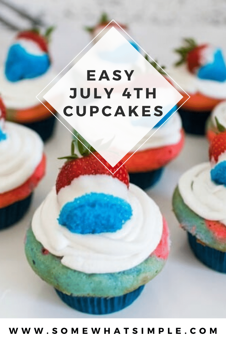 These red, white and blue cupcakes are a perfect way to celebrate the 4th of July or Memorial Day. This patriotic recipe is super easy to make and they always turn out perfect. Plus, we have a video that makes it even easier! #4thofjulycupcakes #redwhitebluecupcakes #memorialdaydessert #easyredwhitebluecupcakes #july4thcupcakeideas #4thofjulydessertidea via @somewhatsimple