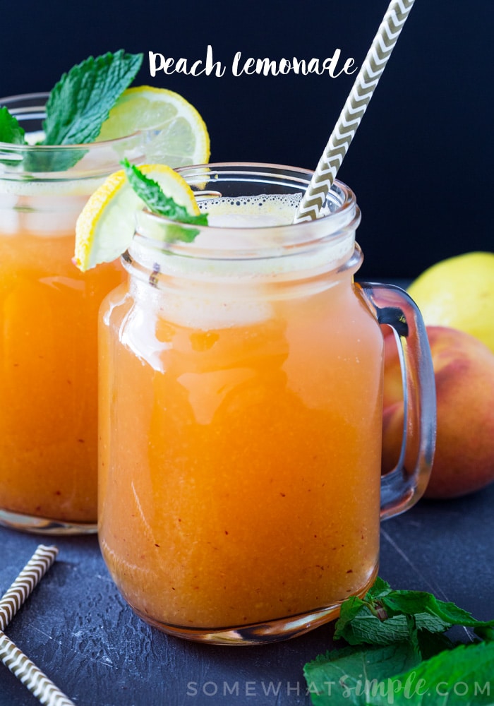 This refreshing and sweet peach lemonade recipe only takes ten minutes to make.  Made with fresh peaches, it's the perfect drink to get you through the hot summer! #peachlemonade #easypeachlemonade #bestpeachlemonaderecipe #howtomakehomemadelemonade #summerdrinkrecipe via @somewhatsimple