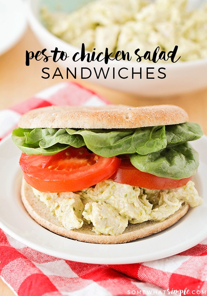 This pesto chicken salad sandwich recipe is so simple and easy to make, and healthy too. It's the perfect make-ahead lunch for a busy day! via @somewhatsimple