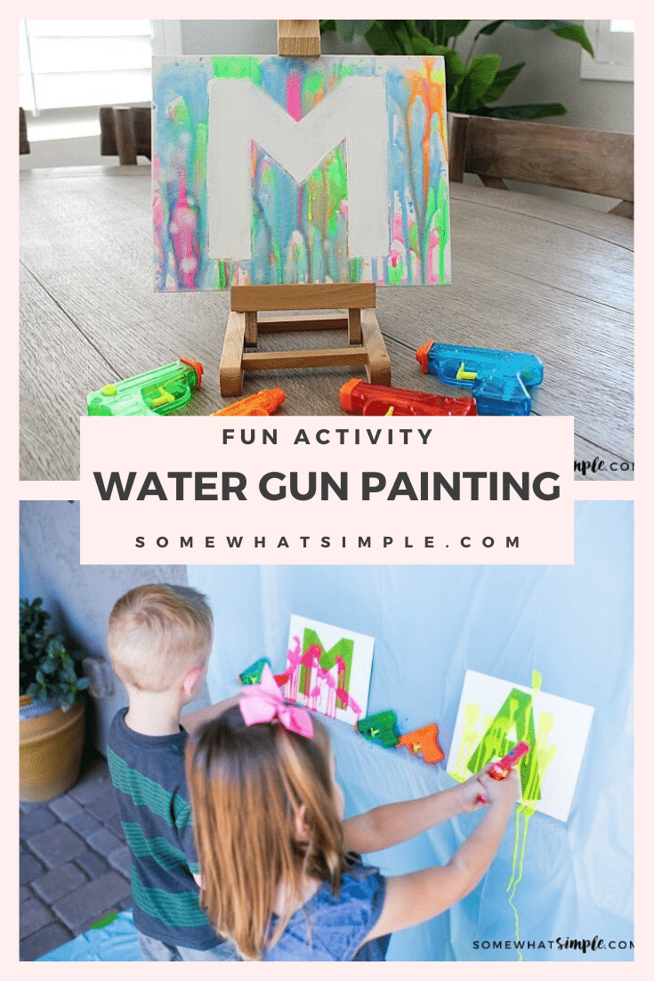 If you're looking for some fun, inexpensive art projects for kids this summer, add painting with water guns to your list! This will keep your kids busy and doing something creative with their time. #watergunpainting #funkidsactivity #paintingactivity #artproject #funprojectforkids via @somewhatsimple