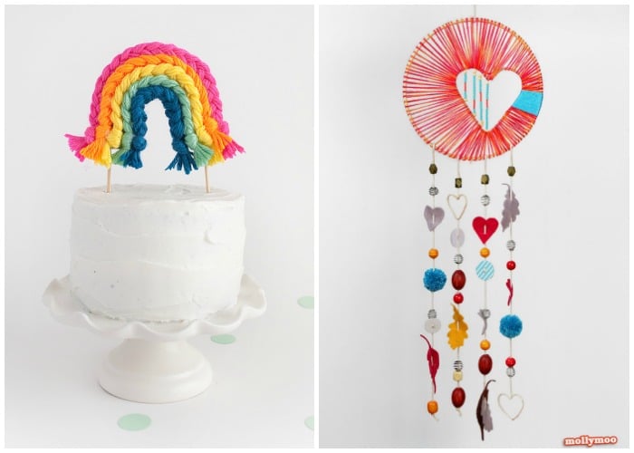 a yarn cake topper and a dream catcher