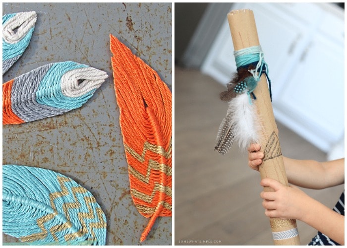 feathers made from yarn and a homemade rain stick