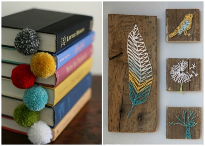 yarn bookmarks sticking out of books and some DIY yarn decorations