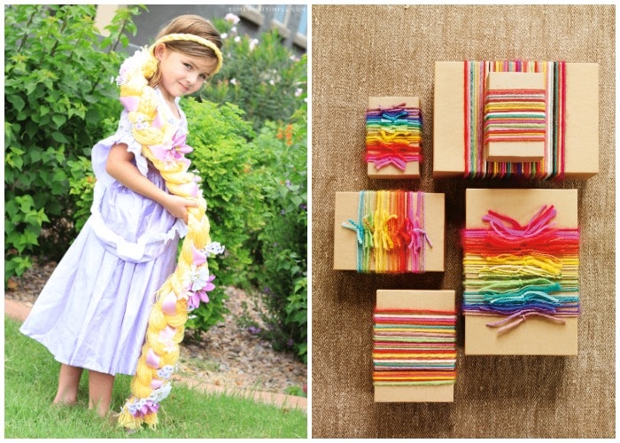 a little girl with a Rapunzel wig and another picture of yarn wrapped boxes